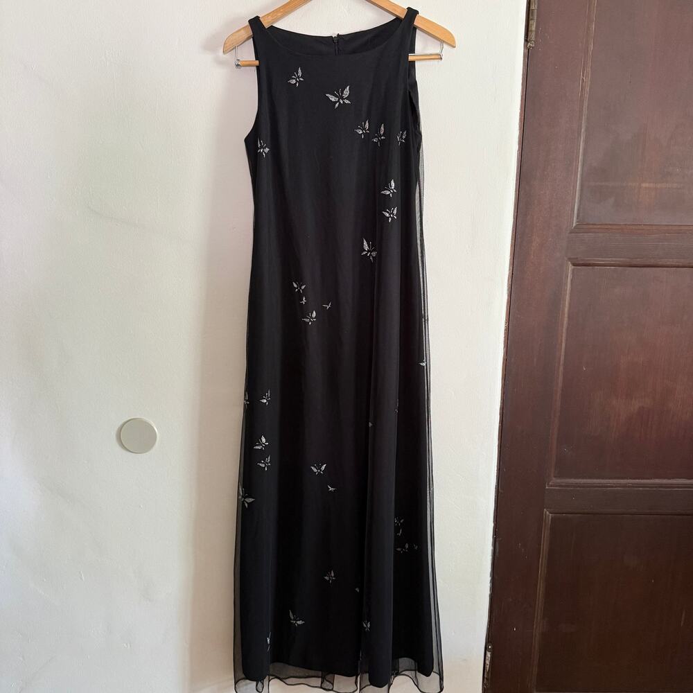 VIRGO 2 90s Vintage Y2K Vintage Black Mesh gown with Sparkly Butterflies Size 8